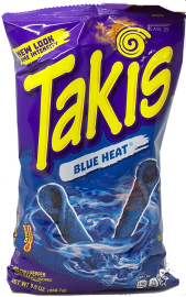 Barcel Takis Blue Heat hot chili pepper flavored tortilla chips 9.9-ounce bag in box (case of 14)