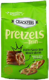 Crackerfers Thin pretzels, poppy seed and mixed herbs, over baked, 12.3-ounce bags (case of 12)